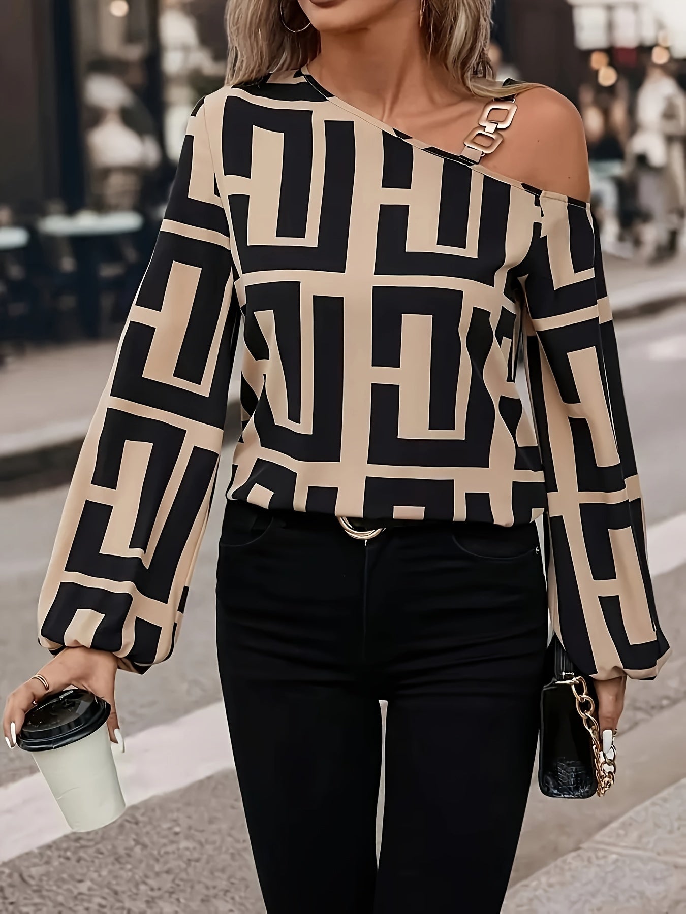 Greek Print Asymmetric Neck Blouse, Casual Long Sleeve Chain Strap Top For Spring & Fall, Women's Clothing