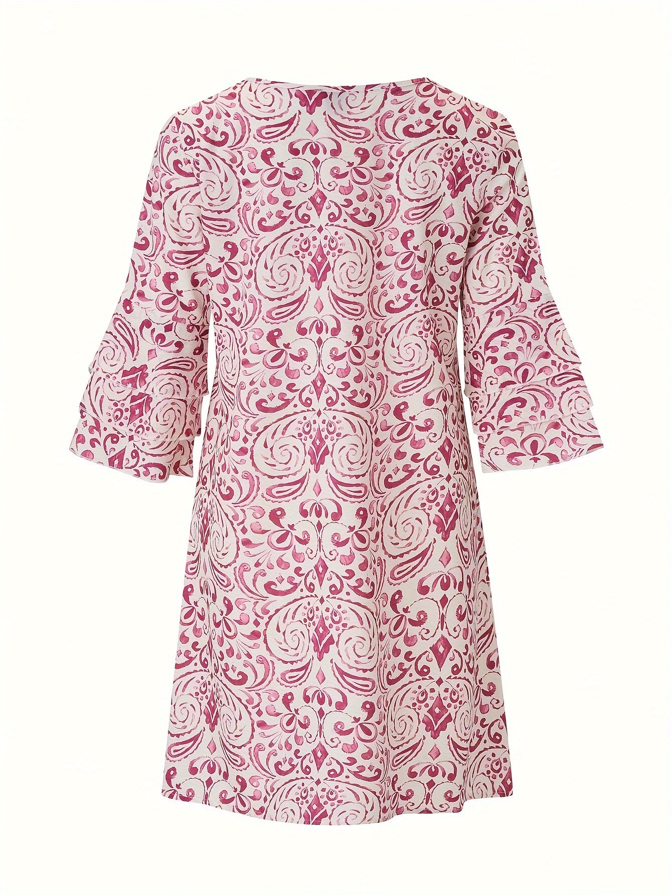 Allover Print V-neck Dress, Elegant Layered Flare Sleeve Dress For Spring & Fall, Women's Clothing