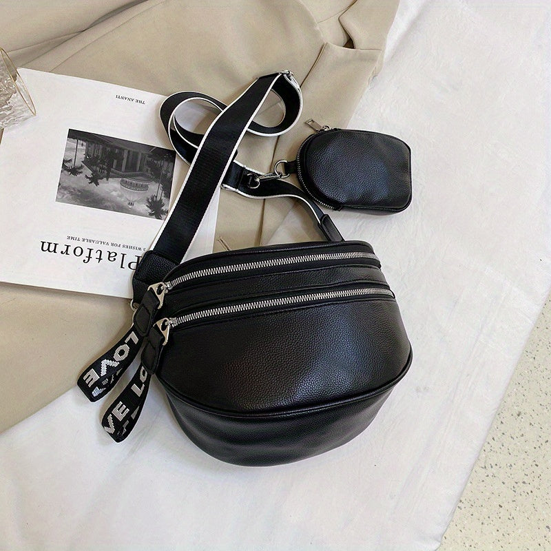 Double Zipper Waist Bag, Trendy Wide Strap Fanny Pack, PU Leather Crossbody Chest Bag With Small Coin Purse