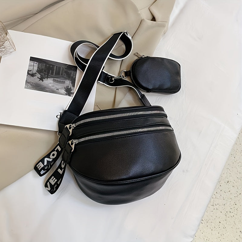 Double Zipper Waist Bag, Trendy Wide Strap Fanny Pack, PU Leather Crossbody Chest Bag With Small Coin Purse