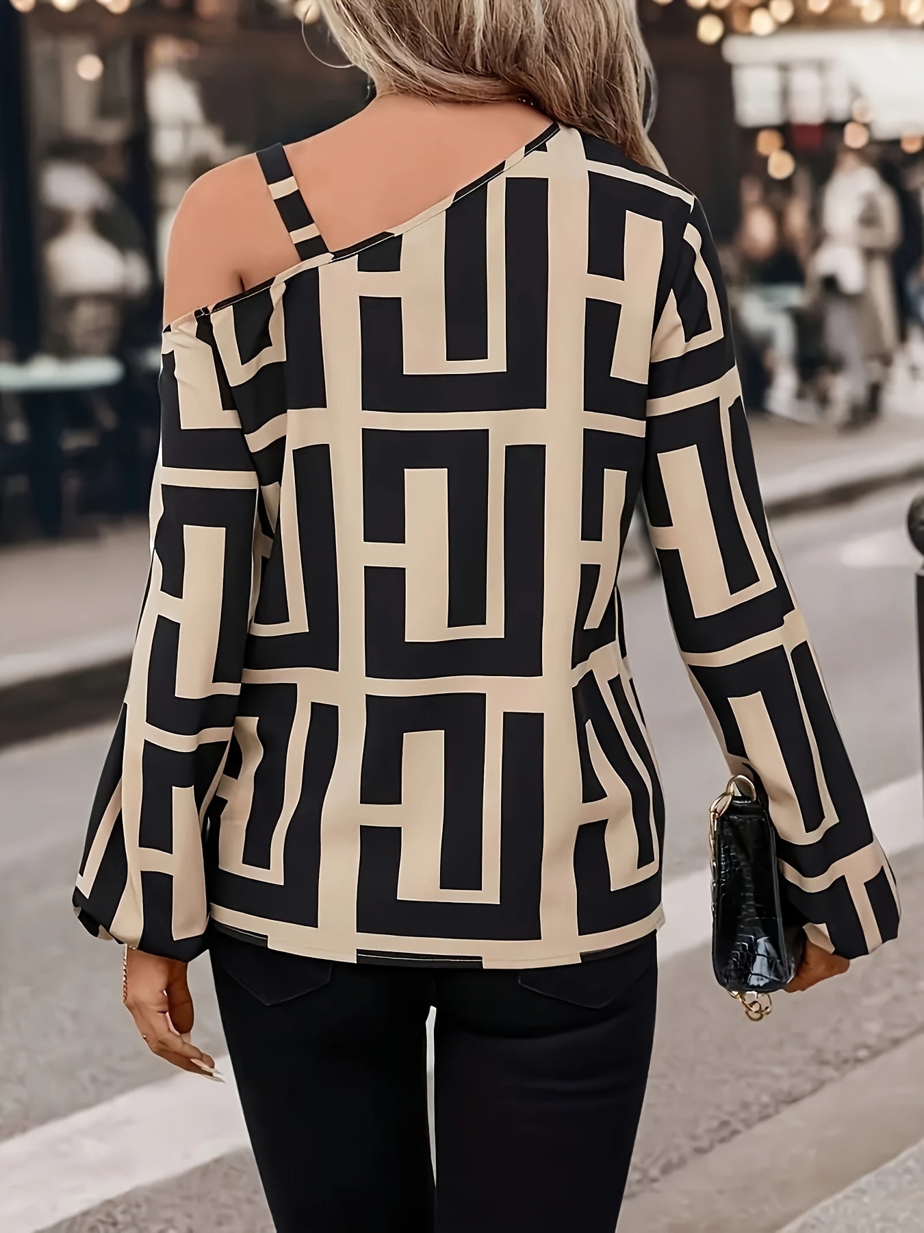 Greek Print Asymmetric Neck Blouse, Casual Long Sleeve Chain Strap Top For Spring & Fall, Women's Clothing