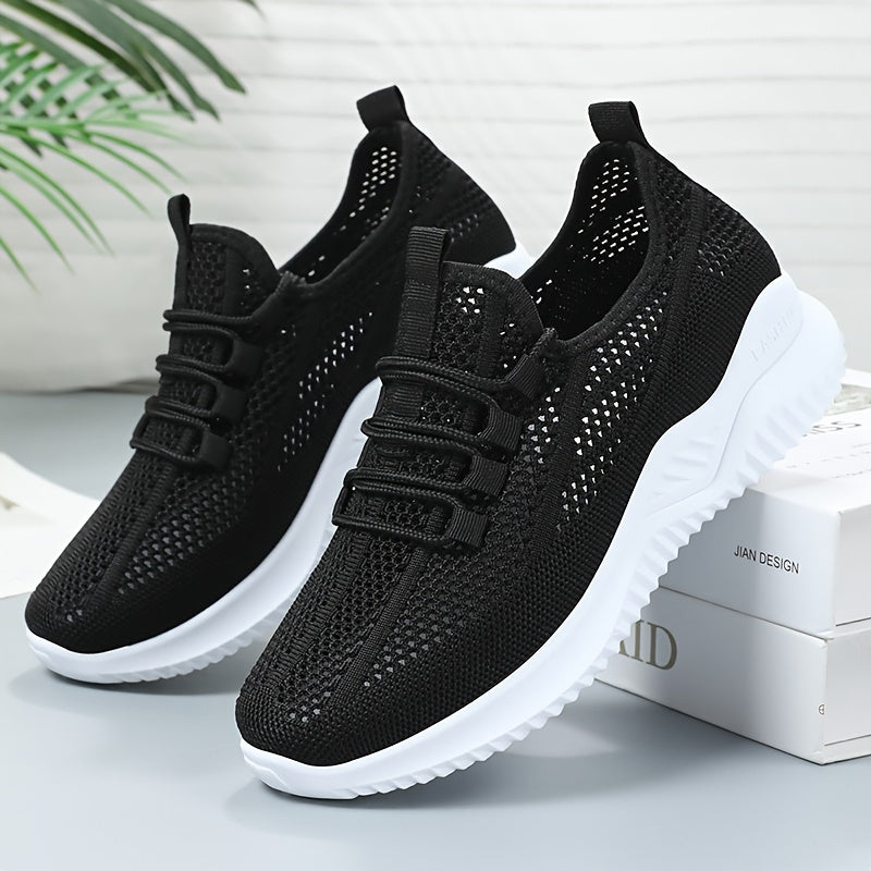 Lightweight Women's Knit Sneakers, Lace Up Low Top Running & Tennis Shoes, Breathable Gym Trainers For Holiday