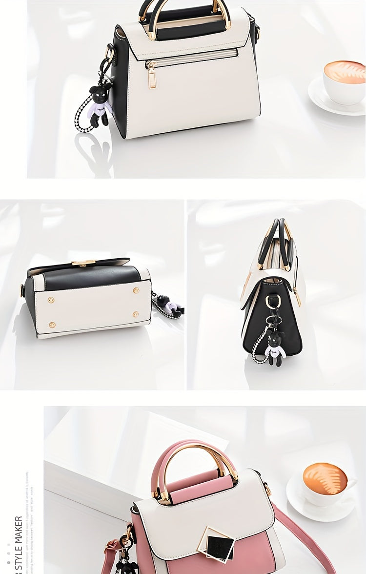 Color Contrast Crossbody Bag, Fashion PU Leather Handbag, Women's Top Handle Flap Purse