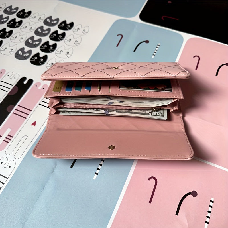 Trendy Argyle Checked Tri-fold Long Wallet, Multi-card Slots Card Holder, Perfect Purse For Daily Use