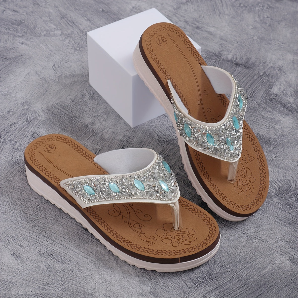 Women's Rhinestone Decor Flip Flops, Stylish Summer Flat Slide Shoes, Casual Outdoor Travel Beach Shoes