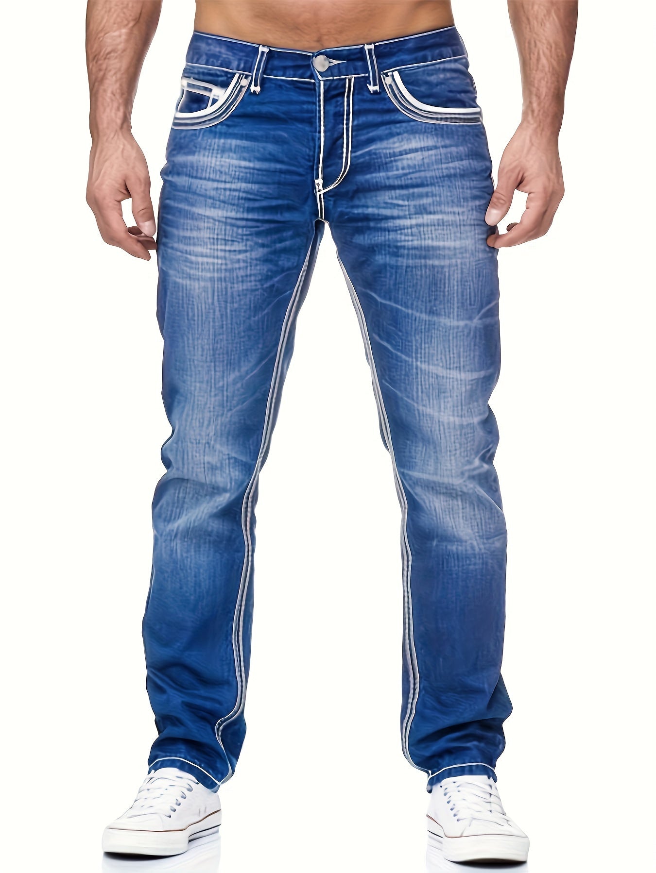 Men's Casual Slim Fit Jeans, Chic Street Style Medium Stretch Denim Pants