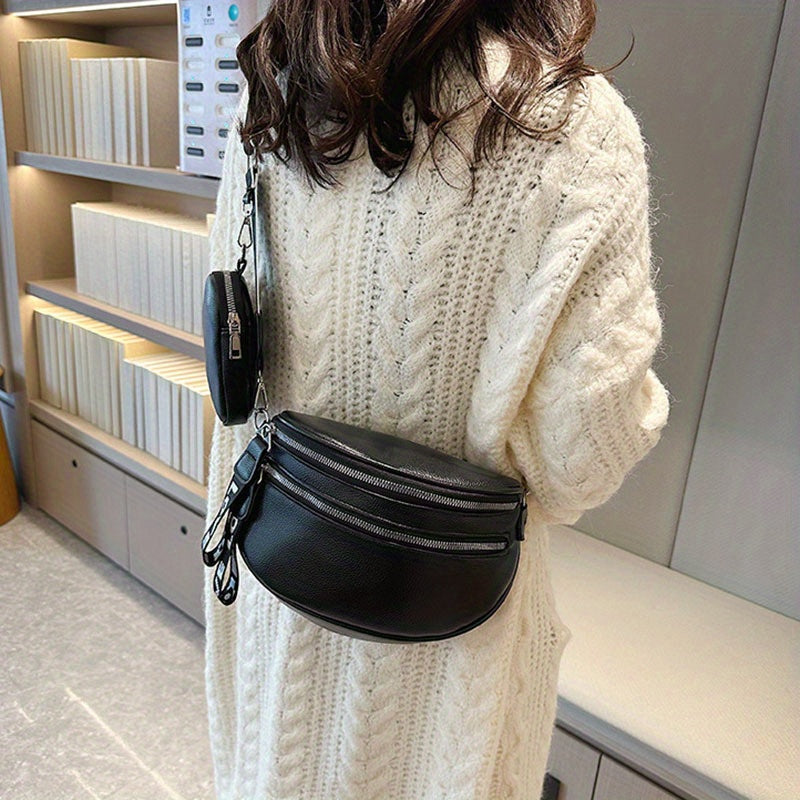 Double Zipper Waist Bag, Trendy Wide Strap Fanny Pack, PU Leather Crossbody Chest Bag With Small Coin Purse