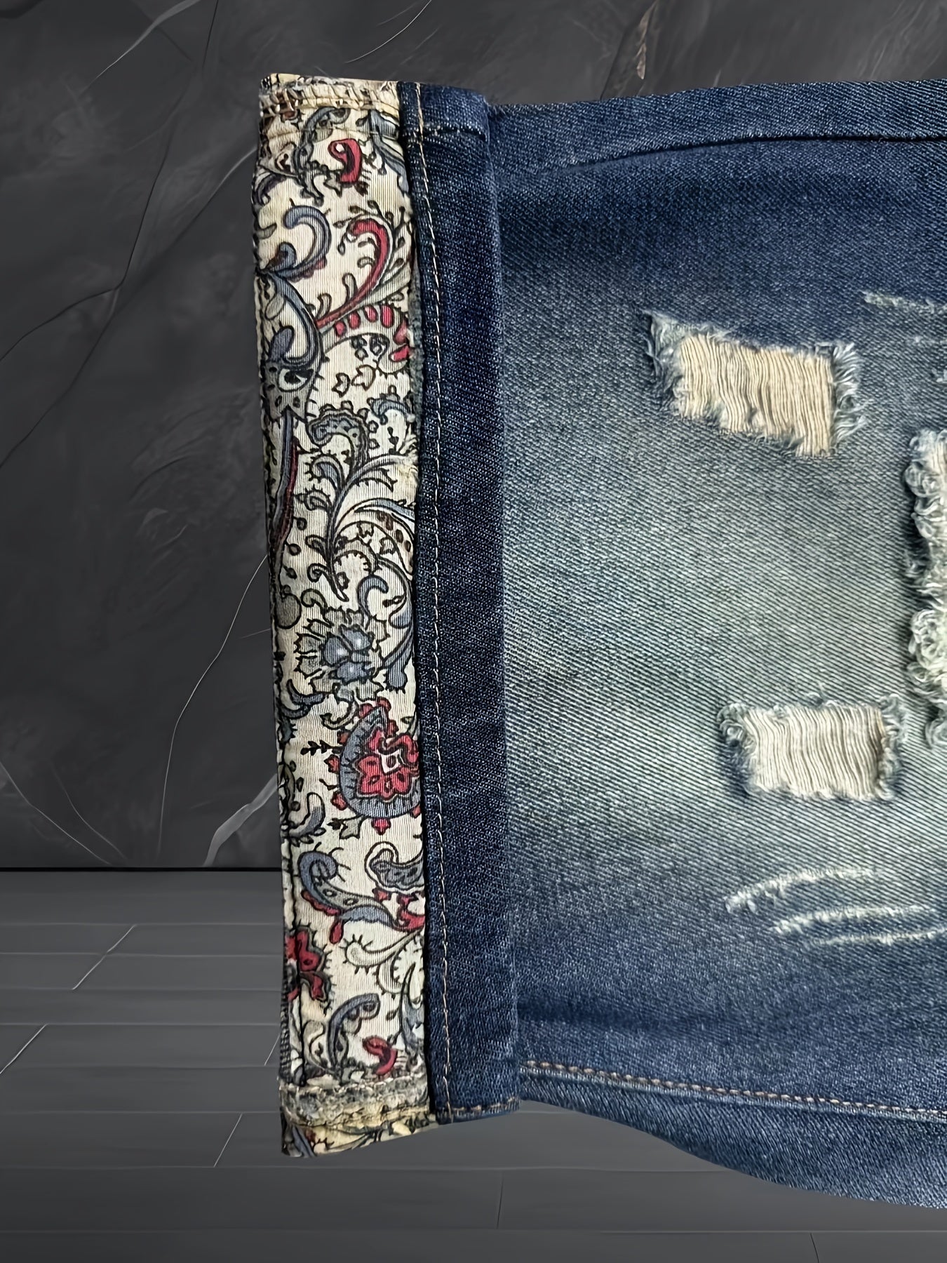 Men's Distressed Denim Shorts, Knee Length Jorts With Ripped Design & Patterned Hem