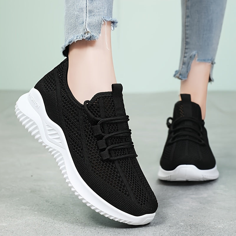 Lightweight Women's Knit Sneakers, Lace Up Low Top Running & Tennis Shoes, Breathable Gym Trainers For Holiday