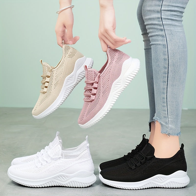 Lightweight Women's Knit Sneakers, Lace Up Low Top Running & Tennis Shoes, Breathable Gym Trainers For Holiday