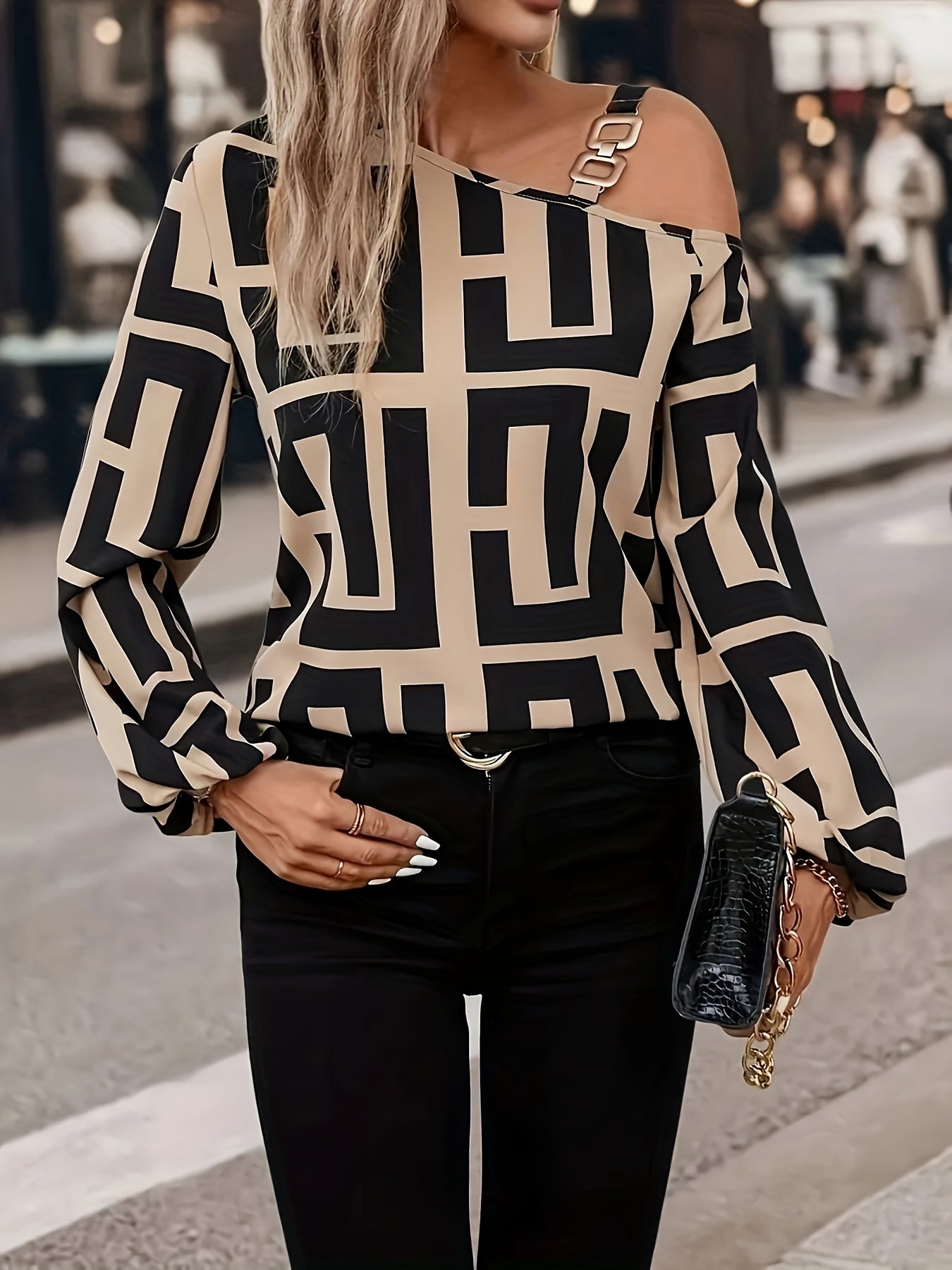 Greek Print Asymmetric Neck Blouse, Casual Long Sleeve Chain Strap Top For Spring & Fall, Women's Clothing