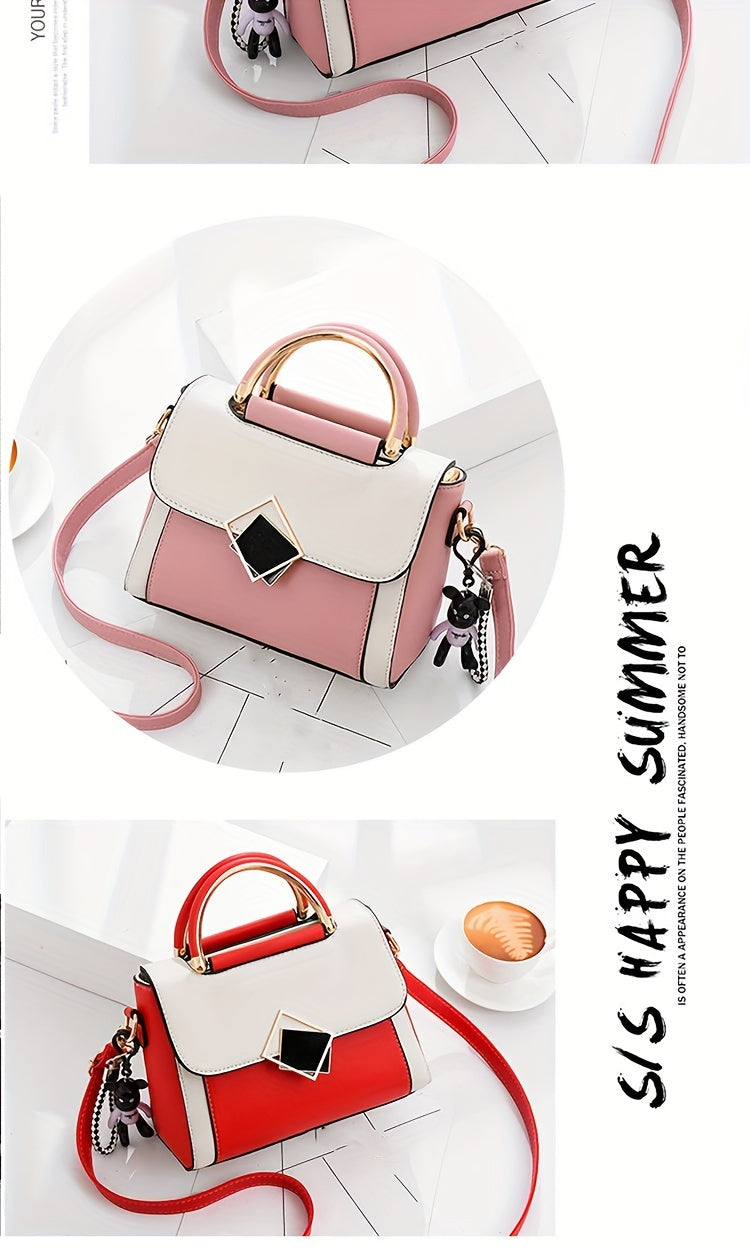 Color Contrast Crossbody Bag, Fashion PU Leather Handbag, Women's Top Handle Flap Purse
