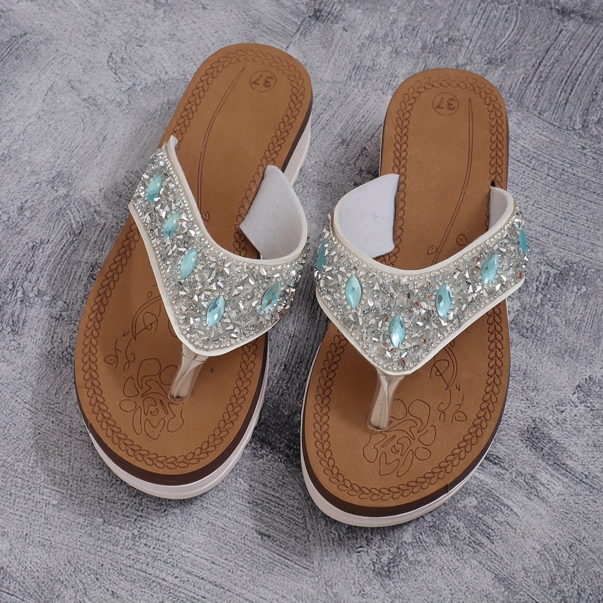 Women's Rhinestone Decor Flip Flops, Stylish Summer Flat Slide Shoes, Casual Outdoor Travel Beach Shoes