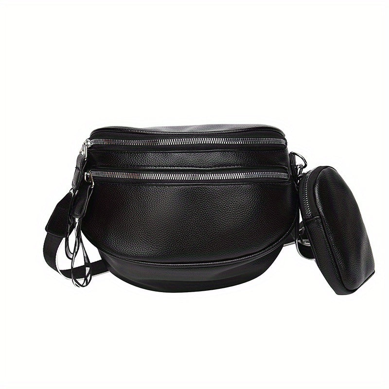 Double Zipper Waist Bag, Trendy Wide Strap Fanny Pack, PU Leather Crossbody Chest Bag With Small Coin Purse