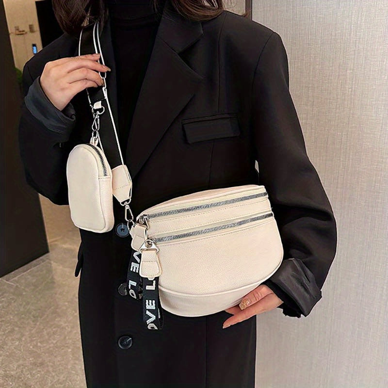 Double Zipper Waist Bag, Trendy Wide Strap Fanny Pack, PU Leather Crossbody Chest Bag With Small Coin Purse