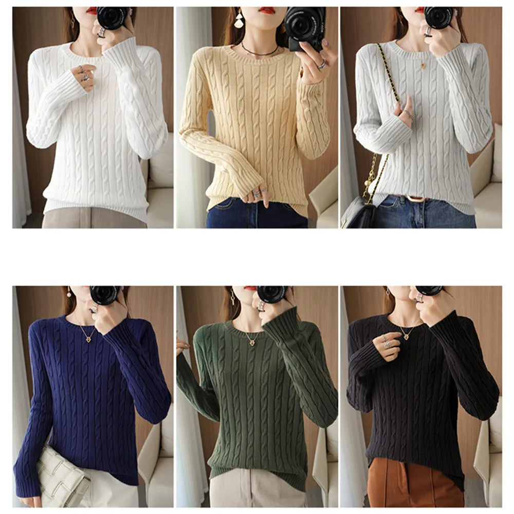 Women's Sweater Oversized Autumn Winter Knitwear Long Sleeve O Neck Navy Cable Knit Vintage Top Pull Jumper Unisex Couple Jersey