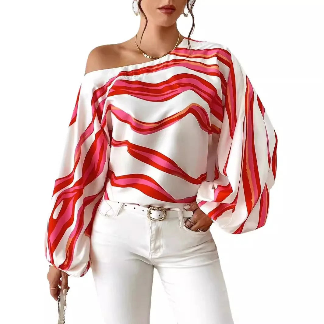Printed Loose Women's Shirt Women One Shoulder Long Stripesd Blouse Top White Blouse Blusen Damen 2024 Sommer Chemisier Femmes