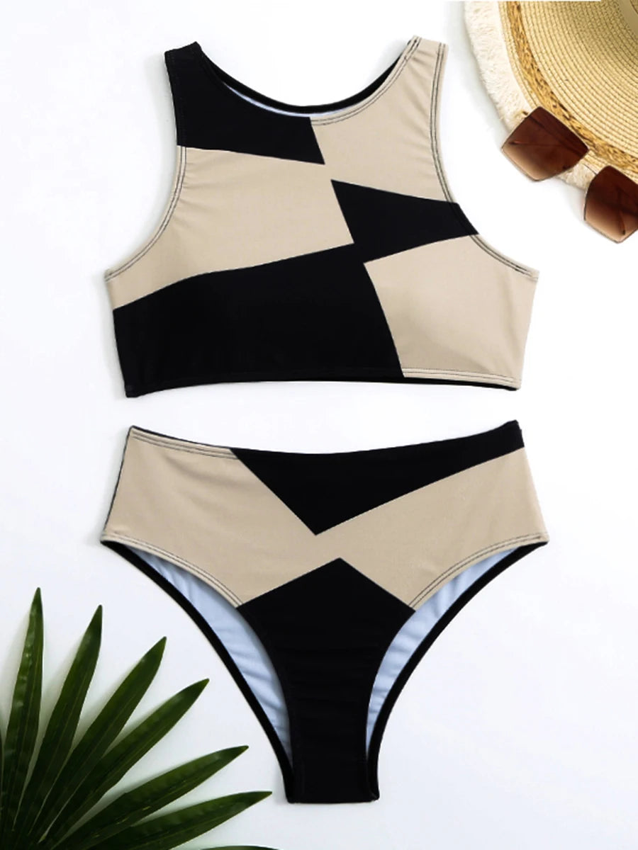 Sports Bikinis 2024 Women High Waist Swimsuit Solid High Neck Swimwear Female Bathers Bathing Swimming Suit Summer Beachwear