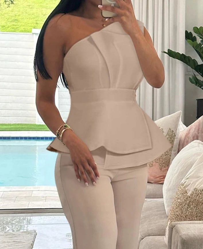 Women's Elegant One Shoulder Ruched Top & Straight Leg Pants Set Temperament Commuter Female Casual Trousers Sets 2 Piece Outfit