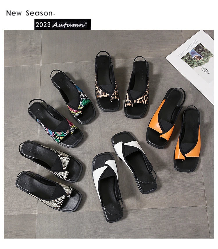 Womens Sandals New Summer Casual Vintage Open Toe Flip Flops Fashion Beach Flat Basic Square Head Leopard Pattern Designer Shoes