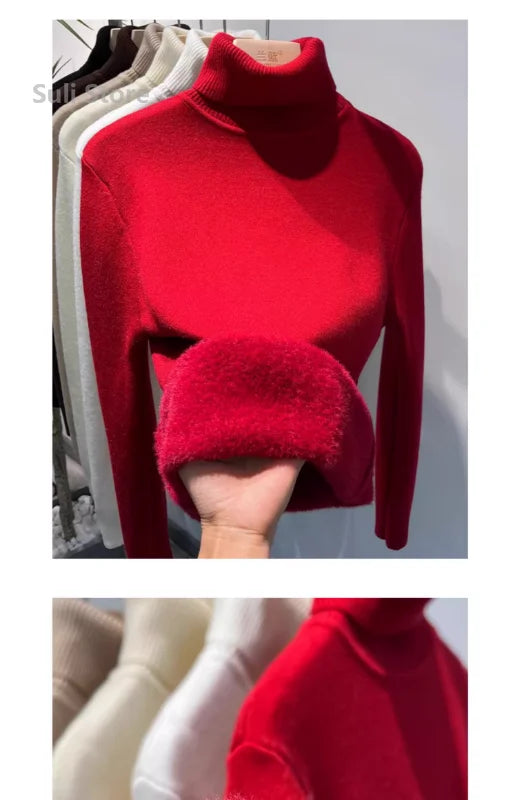 Women's Turtleneck Sweater Winter 2024 Retro Red with Velvet Lining Thickened Inner Wear Thermal Knitting Bottoming Shirt