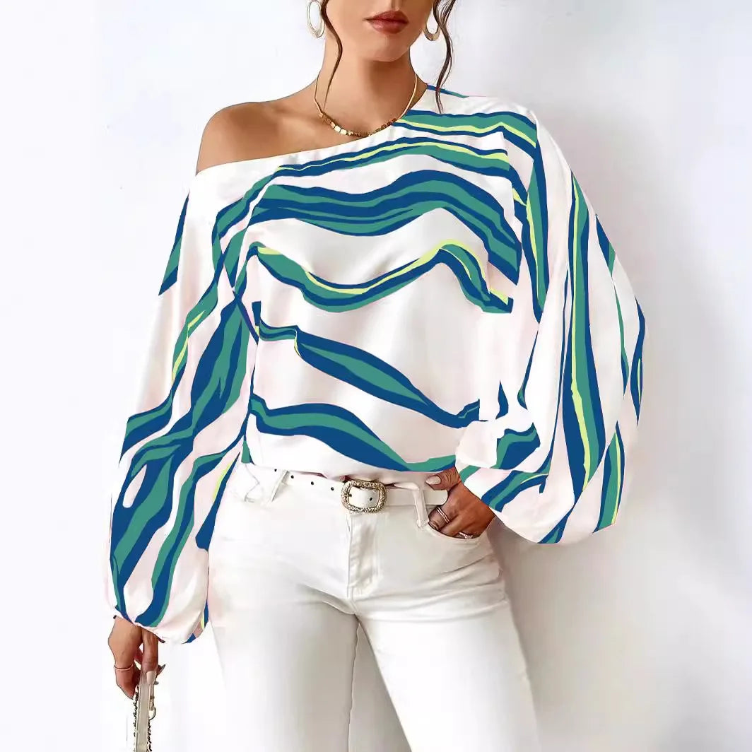 Printed Loose Women's Shirt Women One Shoulder Long Stripesd Blouse Top White Blouse Blusen Damen 2024 Sommer Chemisier Femmes
