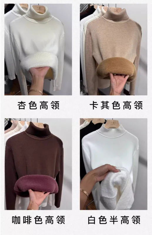 Women's Turtleneck Sweater Winter 2024 Retro Red with Velvet Lining Thickened Inner Wear Thermal Knitting Bottoming Shirt