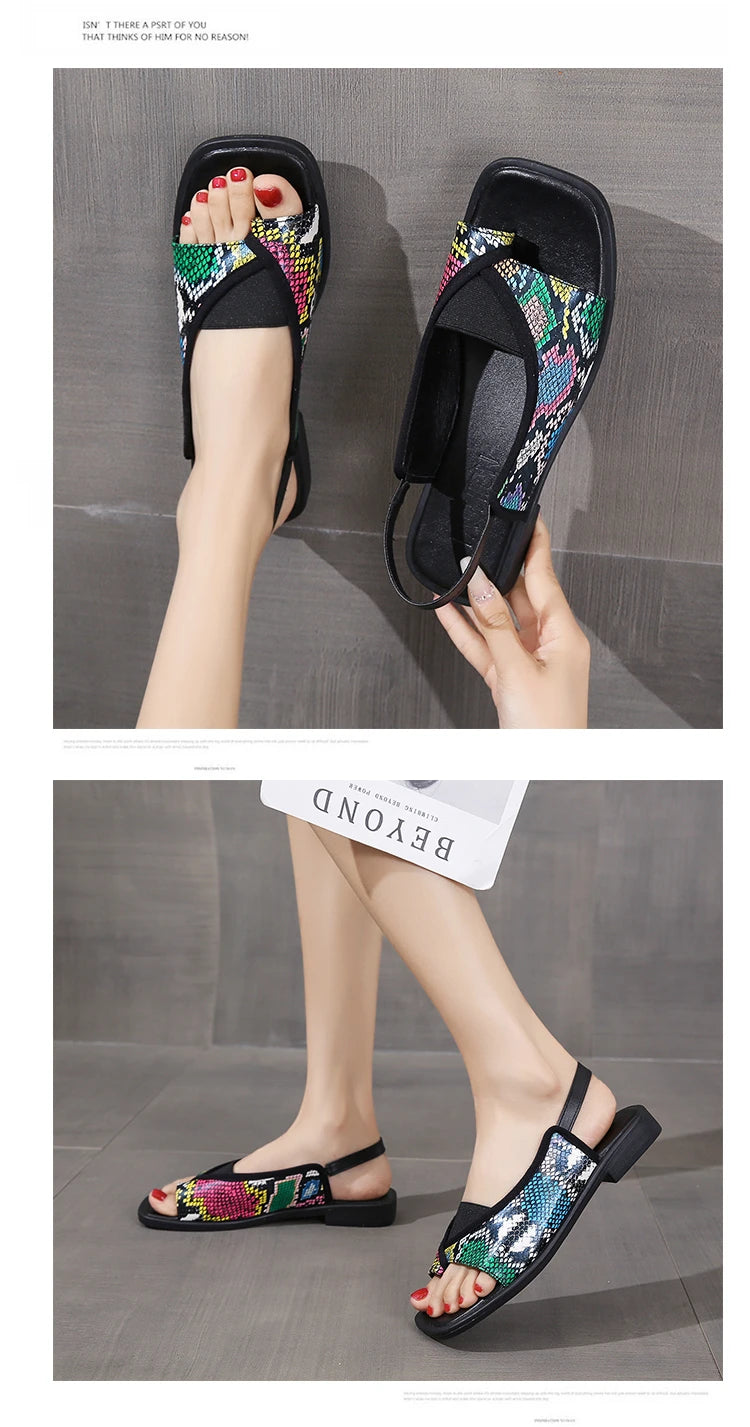 Womens Sandals New Summer Casual Vintage Open Toe Flip Flops Fashion Beach Flat Basic Square Head Leopard Pattern Designer Shoes
