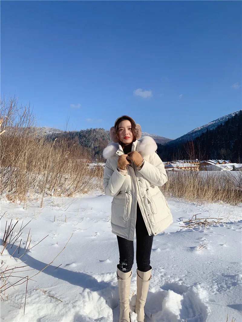 Korean Version of Work Clothes Hooded White Duck Down Jacket for Women's Thickened Clothing Casual Loose Winter F167