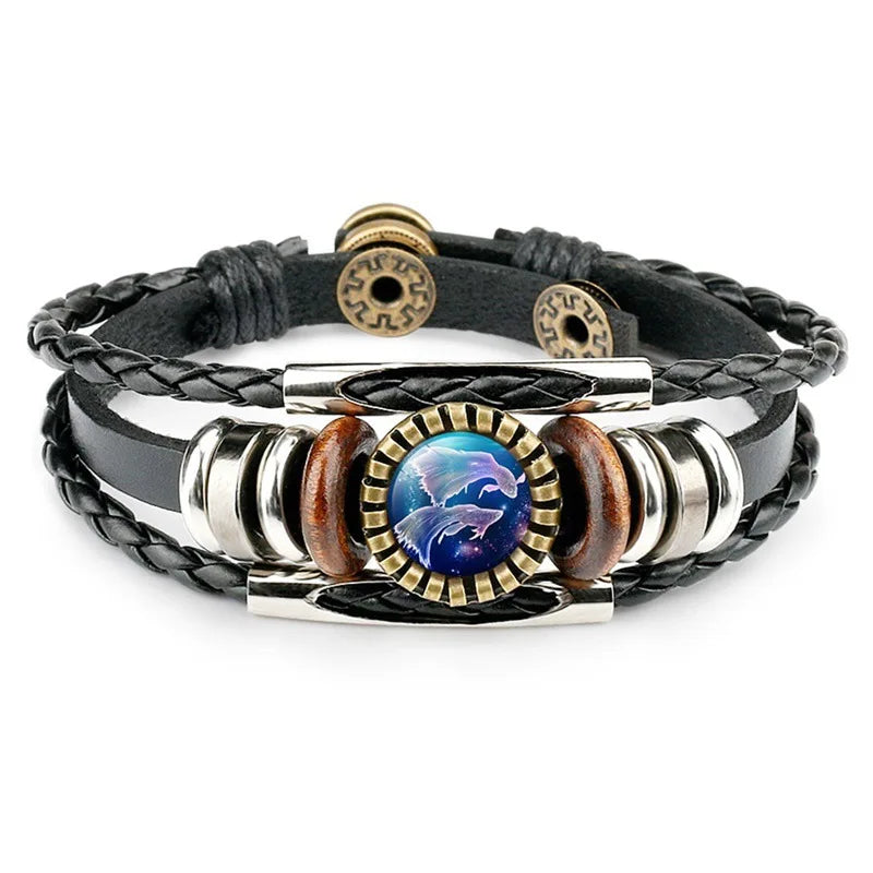 12 Constellations Black Woven Leather Metal Popper Luminous Glass Punk Style Jewelry Men's Bracelet