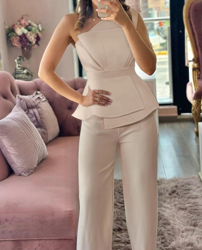 Women's Elegant One Shoulder Ruched Top & Straight Leg Pants Set Temperament Commuter Female Casual Trousers Sets 2 Piece Outfit