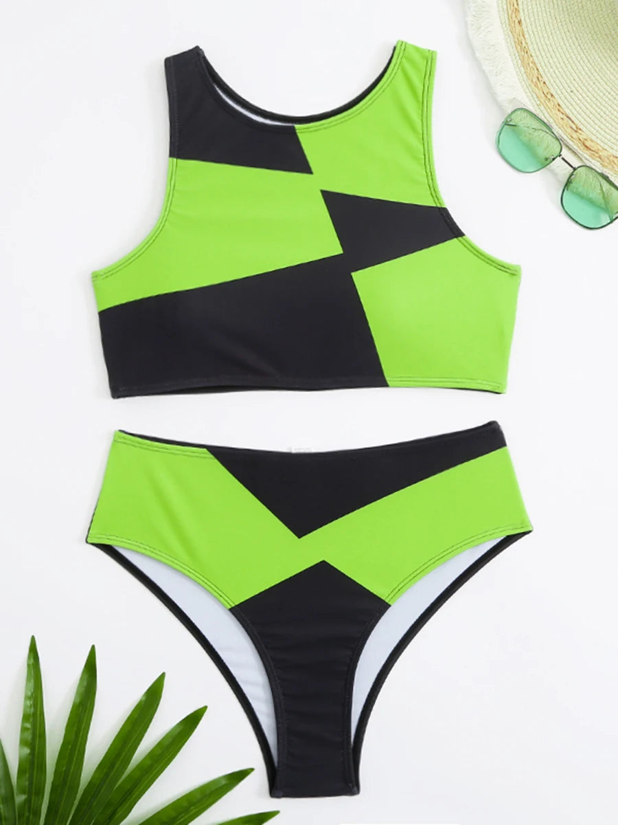 Sports Bikinis 2024 Women High Waist Swimsuit Solid High Neck Swimwear Female Bathers Bathing Swimming Suit Summer Beachwear