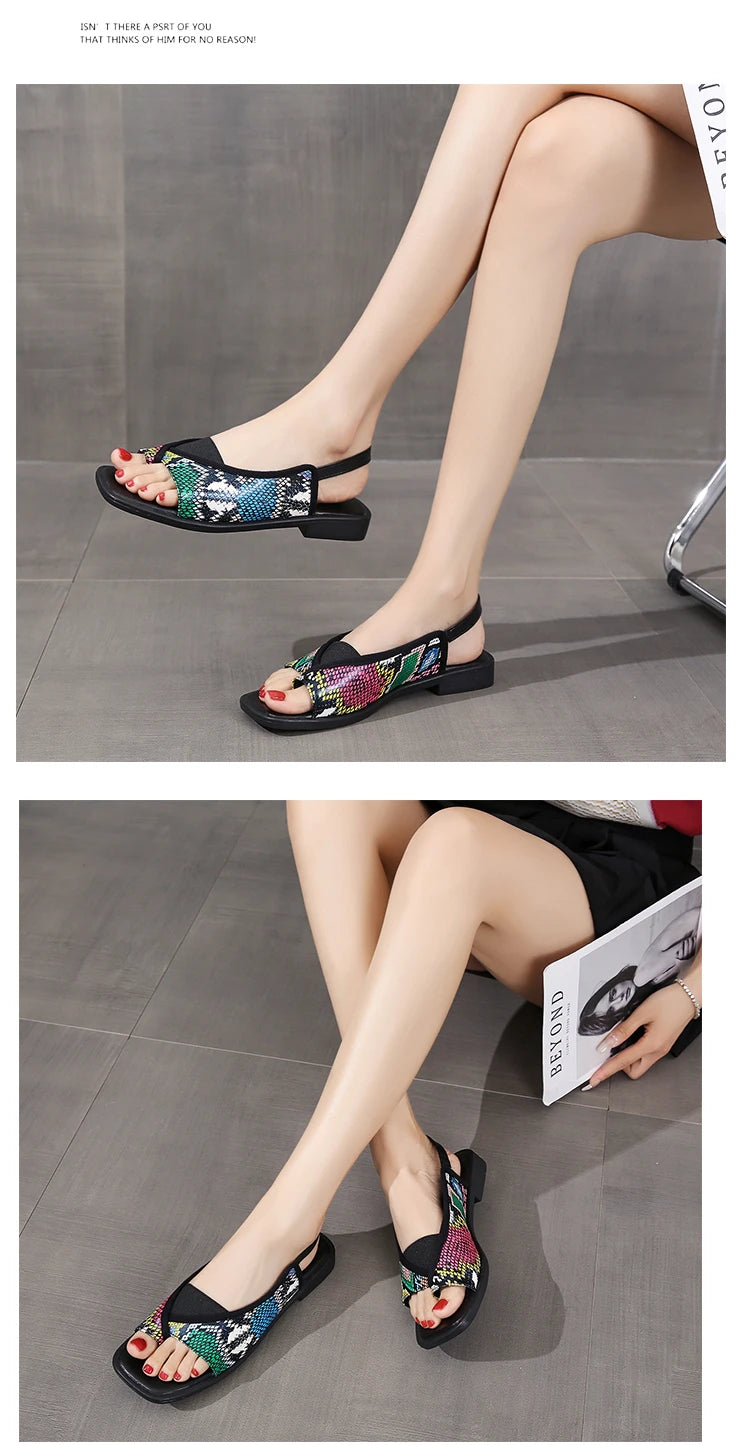 Womens Sandals New Summer Casual Vintage Open Toe Flip Flops Fashion Beach Flat Basic Square Head Leopard Pattern Designer Shoes