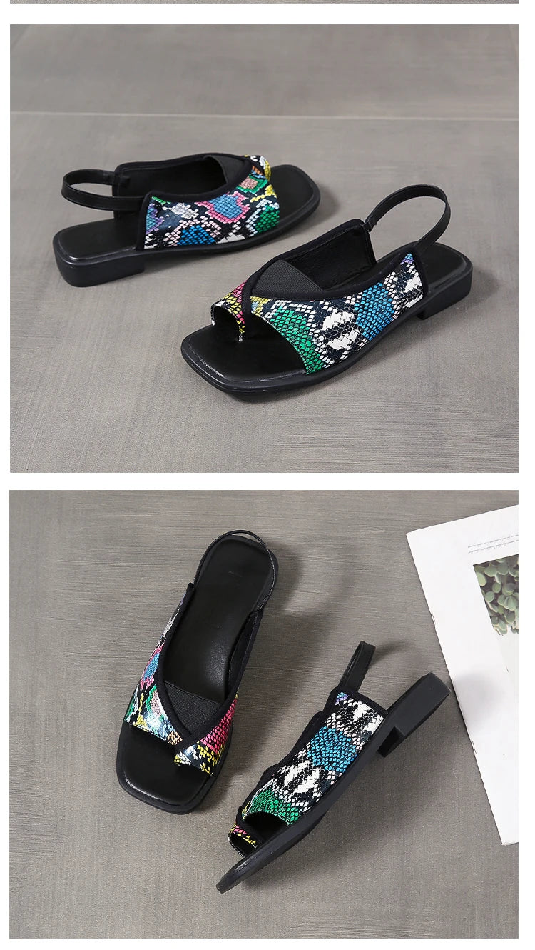 Womens Sandals New Summer Casual Vintage Open Toe Flip Flops Fashion Beach Flat Basic Square Head Leopard Pattern Designer Shoes