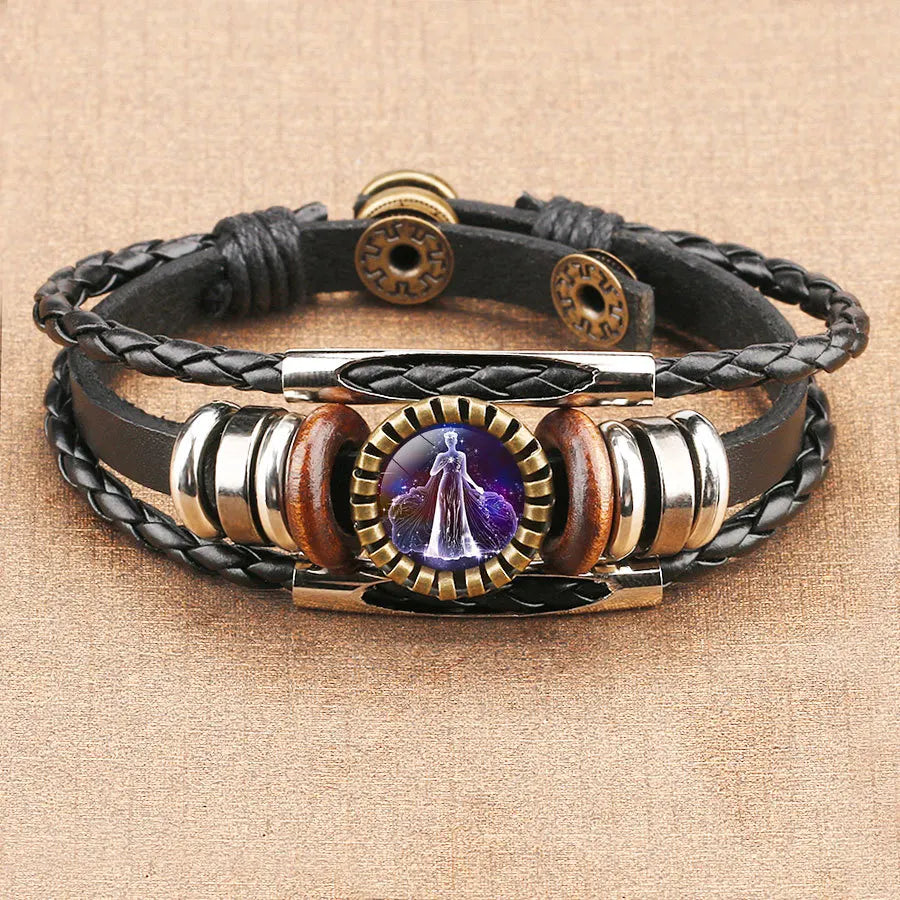 12 Constellations Black Woven Leather Metal Popper Luminous Glass Punk Style Jewelry Men's Bracelet