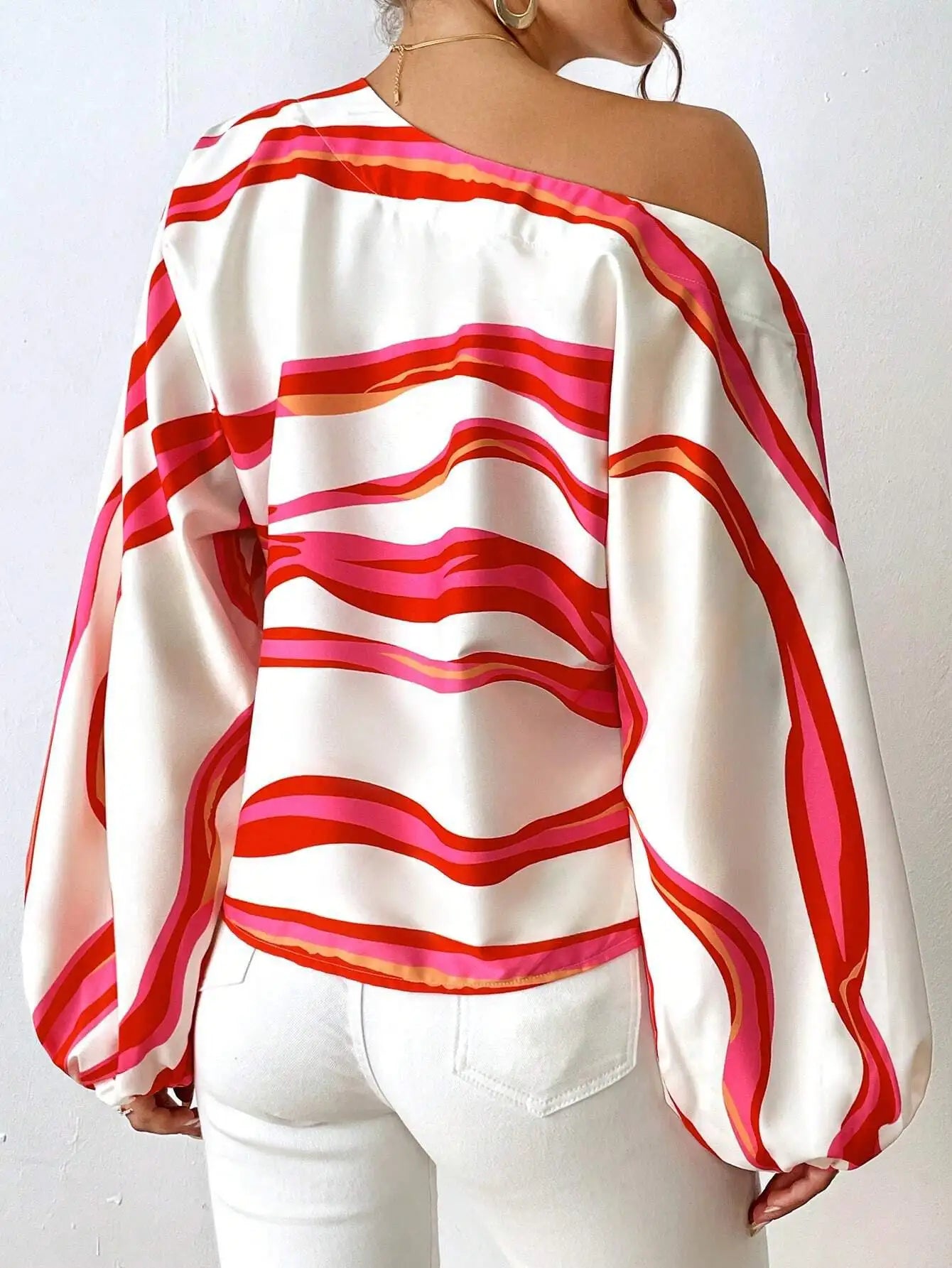Printed Loose Women's Shirt Women One Shoulder Long Stripesd Blouse Top White Blouse Blusen Damen 2024 Sommer Chemisier Femmes