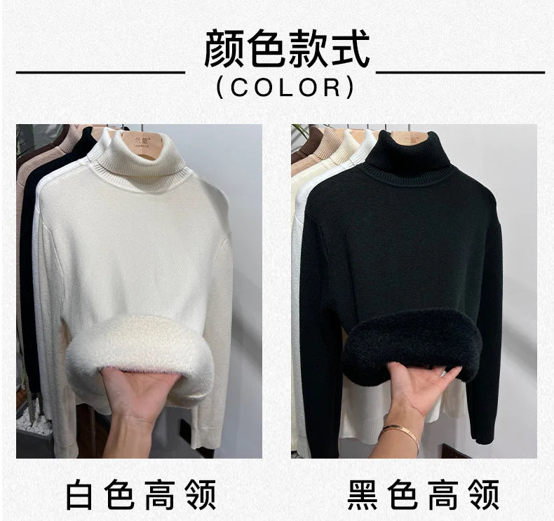 Women's Turtleneck Sweater Winter 2024 Retro Red with Velvet Lining Thickened Inner Wear Thermal Knitting Bottoming Shirt