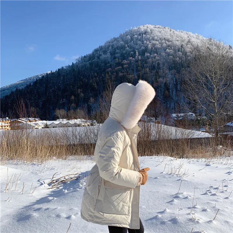 Korean Version of Work Clothes Hooded White Duck Down Jacket for Women's Thickened Clothing Casual Loose Winter F167