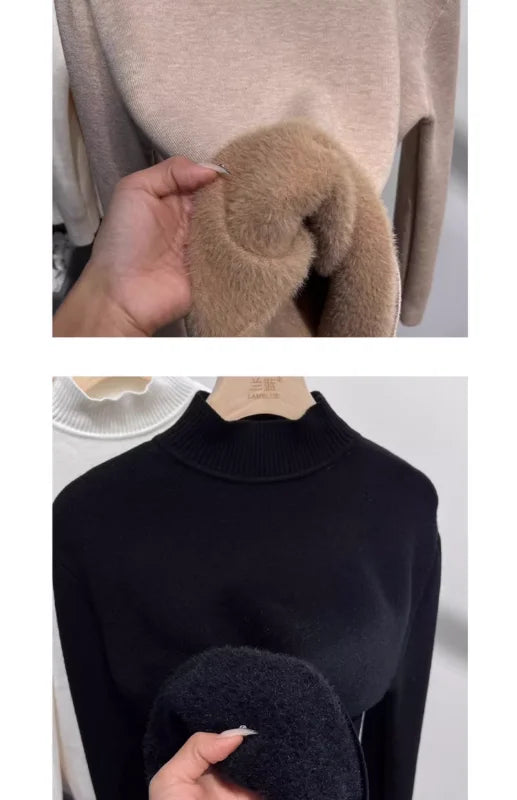 Women's Turtleneck Sweater Winter 2024 Retro Red with Velvet Lining Thickened Inner Wear Thermal Knitting Bottoming Shirt