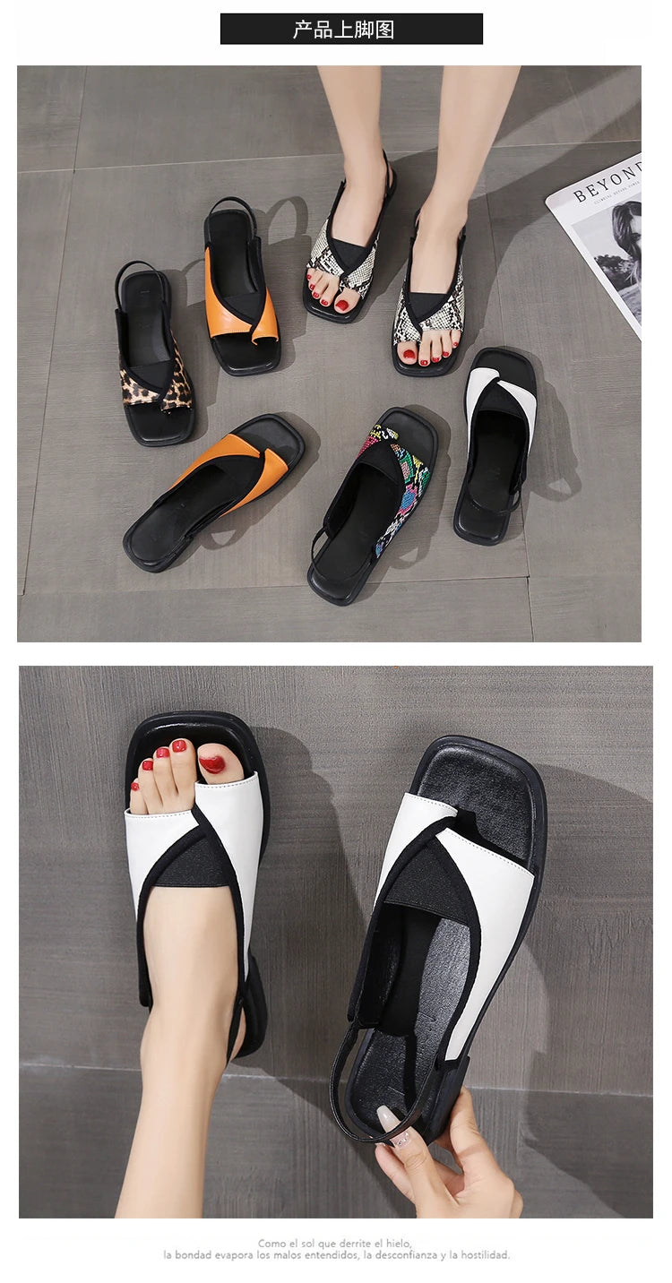 Womens Sandals New Summer Casual Vintage Open Toe Flip Flops Fashion Beach Flat Basic Square Head Leopard Pattern Designer Shoes