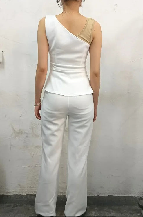 Women's Elegant One Shoulder Ruched Top & Straight Leg Pants Set Temperament Commuter Female Casual Trousers Sets 2 Piece Outfit