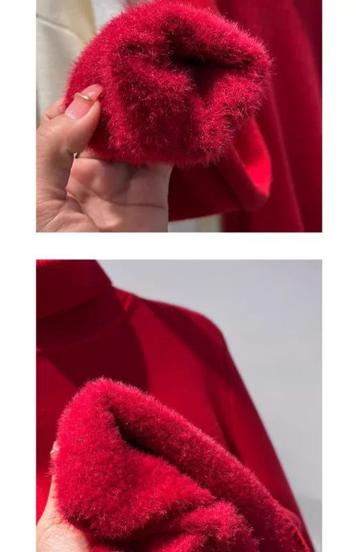 Women's Turtleneck Sweater Winter 2024 Retro Red with Velvet Lining Thickened Inner Wear Thermal Knitting Bottoming Shirt