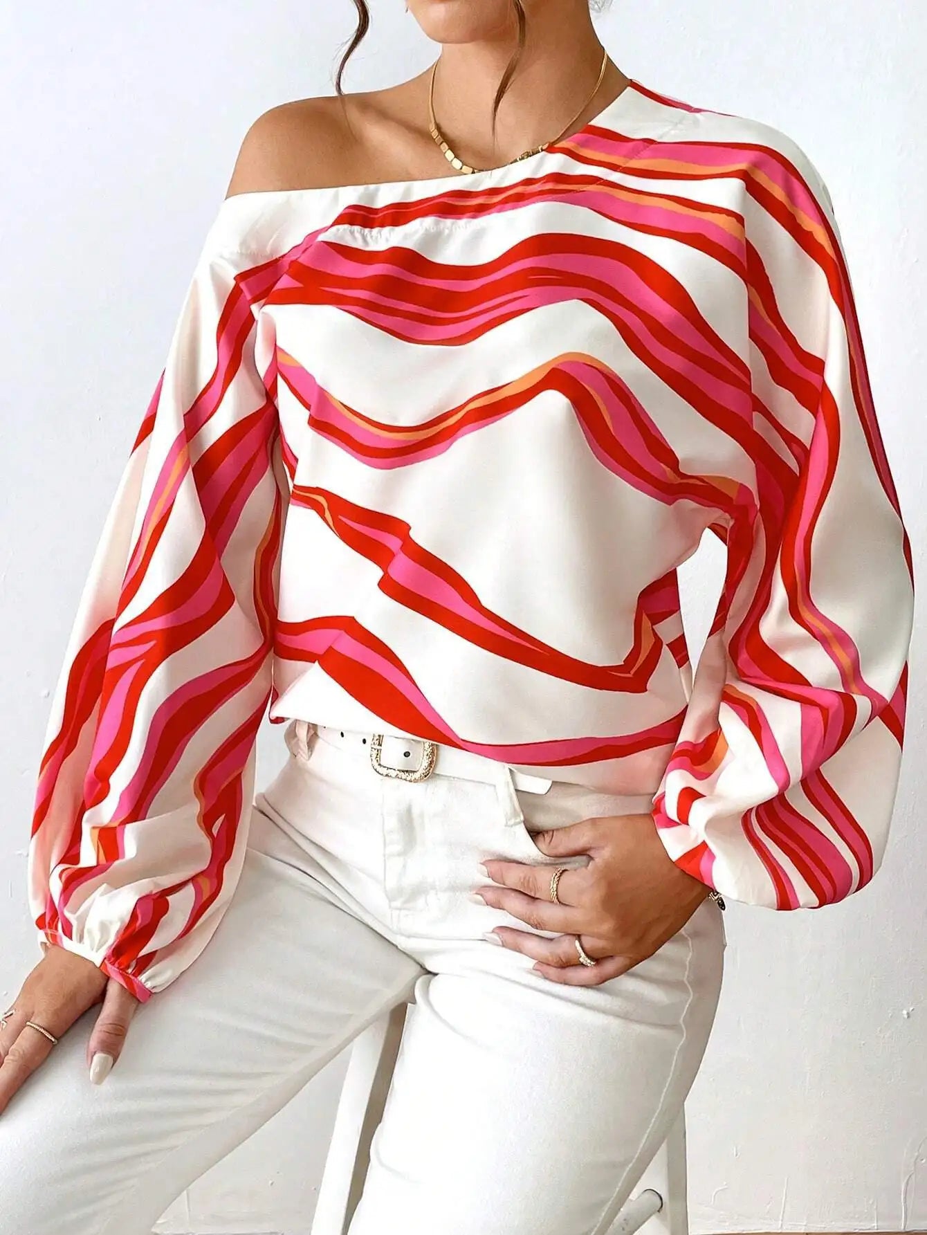 Printed Loose Women's Shirt Women One Shoulder Long Stripesd Blouse Top White Blouse Blusen Damen 2024 Sommer Chemisier Femmes