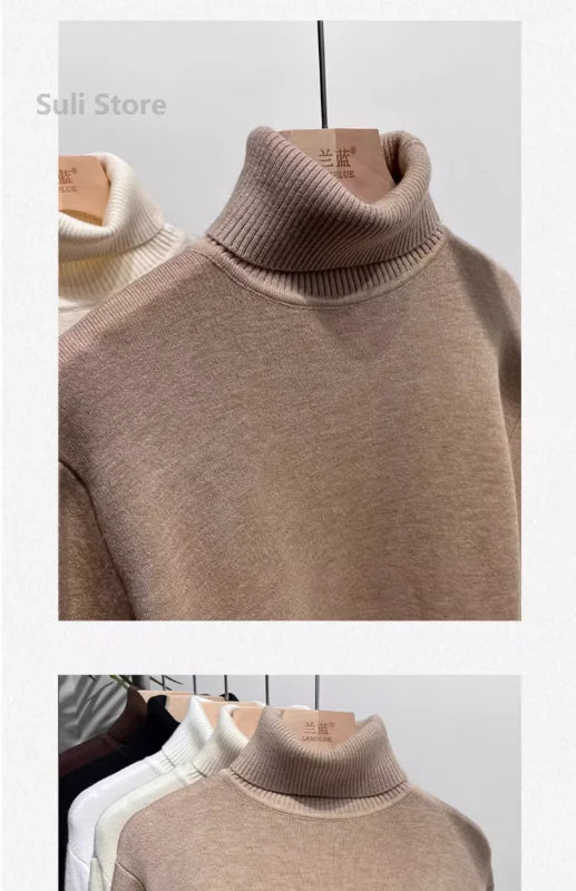 Women's Turtleneck Sweater Winter 2024 Retro Red with Velvet Lining Thickened Inner Wear Thermal Knitting Bottoming Shirt