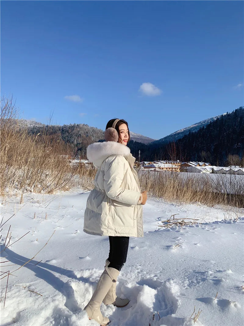 Korean Version of Work Clothes Hooded White Duck Down Jacket for Women's Thickened Clothing Casual Loose Winter F167