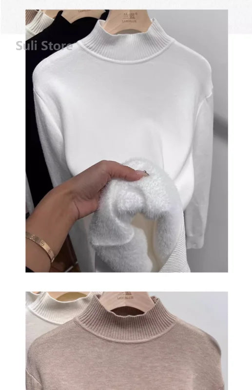 Women's Turtleneck Sweater Winter 2024 Retro Red with Velvet Lining Thickened Inner Wear Thermal Knitting Bottoming Shirt