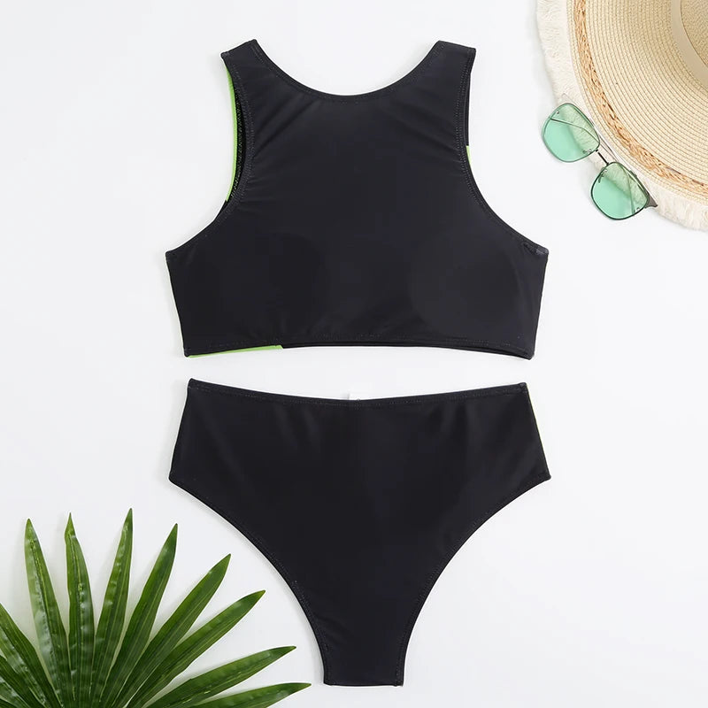 Sports Bikinis 2024 Women High Waist Swimsuit Solid High Neck Swimwear Female Bathers Bathing Swimming Suit Summer Beachwear