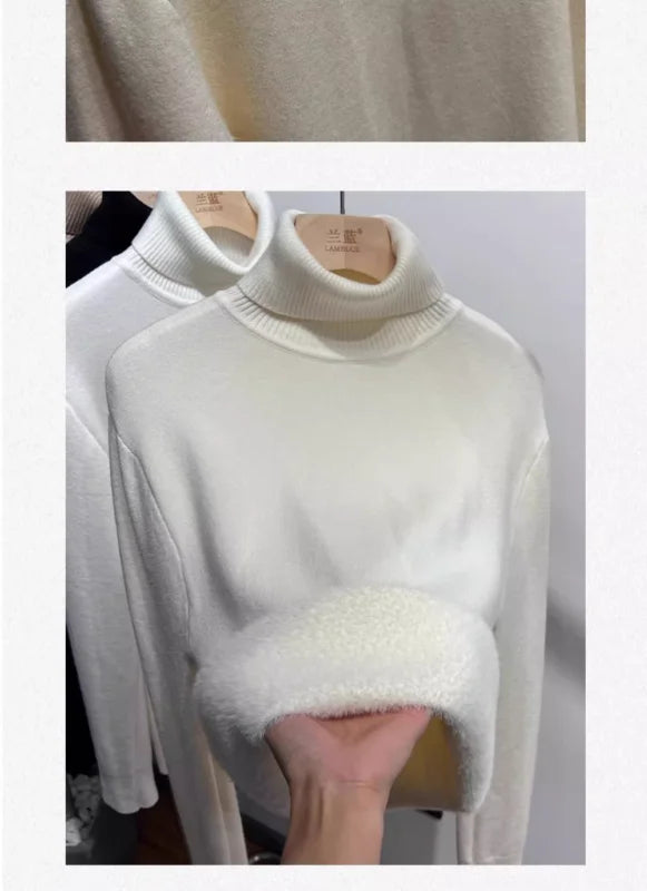Women's Turtleneck Sweater Winter 2024 Retro Red with Velvet Lining Thickened Inner Wear Thermal Knitting Bottoming Shirt