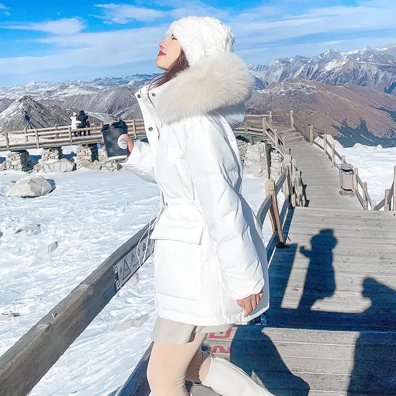 Korean Version of Work Clothes Hooded White Duck Down Jacket for Women's Thickened Clothing Casual Loose Winter F167
