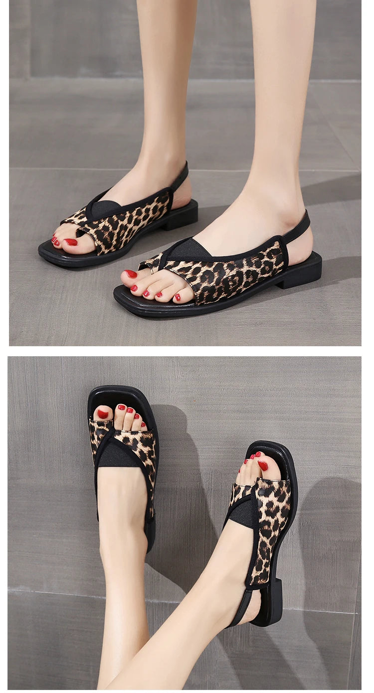 Womens Sandals New Summer Casual Vintage Open Toe Flip Flops Fashion Beach Flat Basic Square Head Leopard Pattern Designer Shoes
